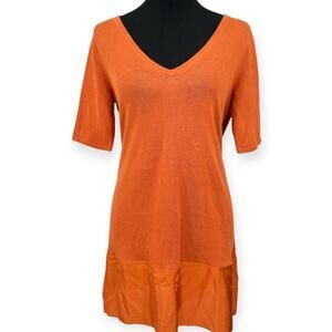 Soft Surroundings M Burnt Orange Linen Silk Hem V-Neck Tunic Top Knit Sweater
